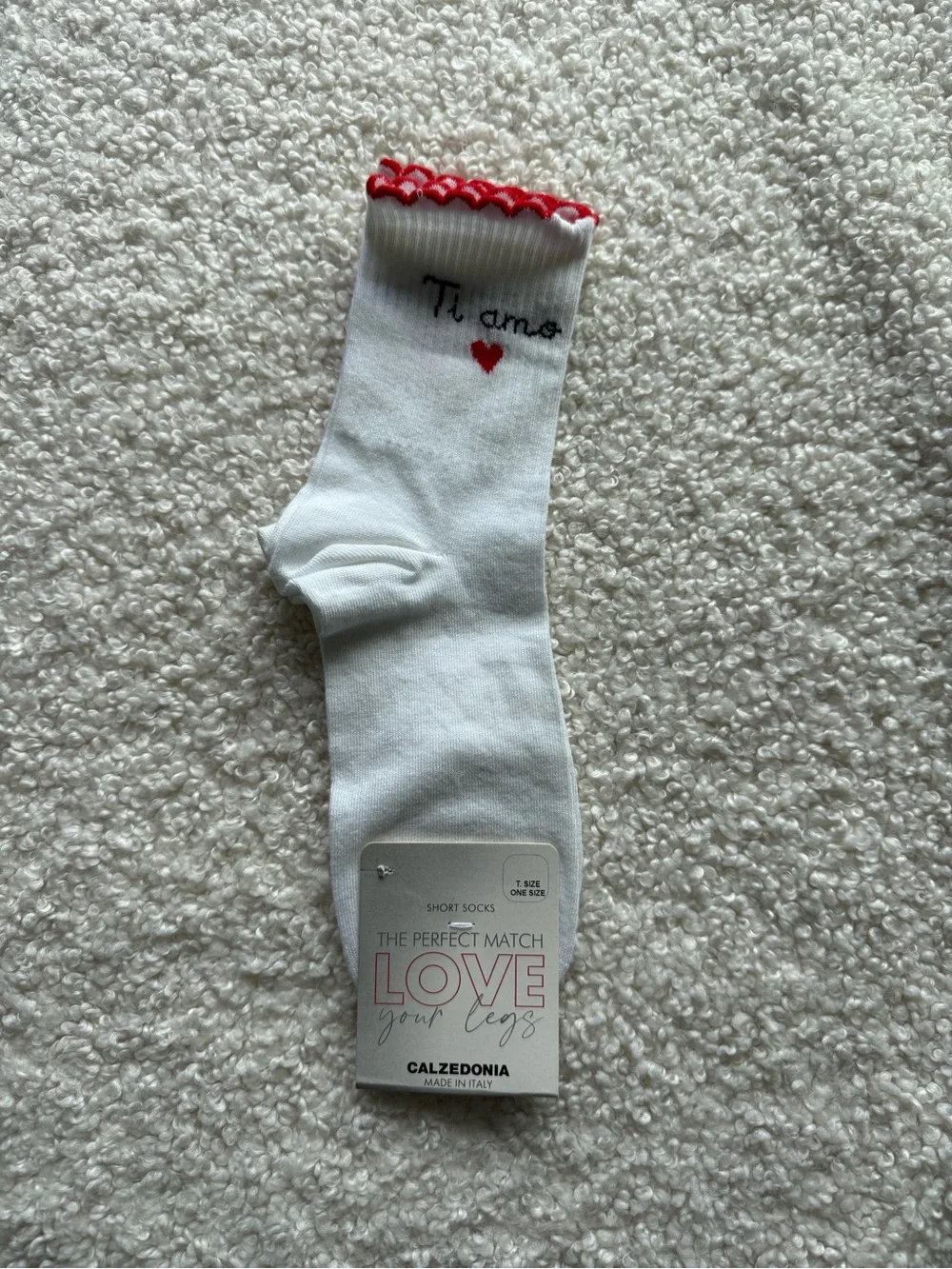 White 'Ti amo' Crew Socks with Red Heart Accent